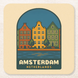 Porta-copo De Papel Quadrado Viagem Vintage Amsterdã Holanda Cenário Retro