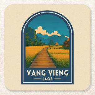 Porta-copo De Papel Quadrado Viagem Vintage Vang Vieng Laos Cenário Retro