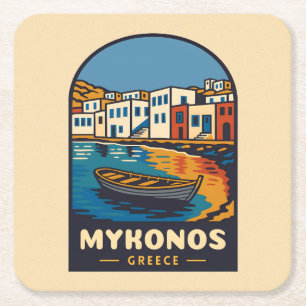 Porta-copo De Papel Quadrado Viagens vintage Mykonos Grécia Island Selateral Re
