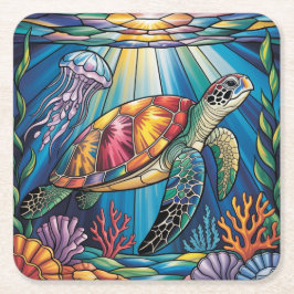 Porta-copo De Papel Quadrado Vibrant Stained Glass Sea Turtle Ocean Design
