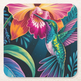Porta-copo De Papel Quadrado Vibrant Tropical Hummingbird and Orchid