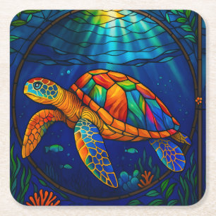Porta-copo De Papel Quadrado Vibrante Design de Tartaruga Marinha em Vidro Colo