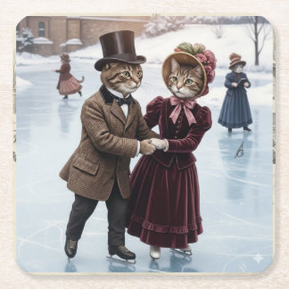 Porta-copo De Papel Quadrado Victorian Skating Cats Paper Coaster