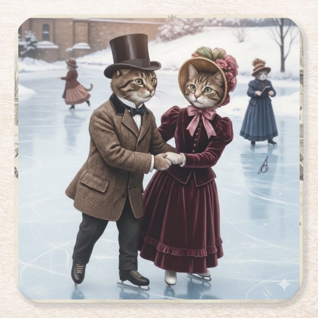 Porta-copo De Papel Quadrado Victorian Skating Cats Paper Coaster (Frente)