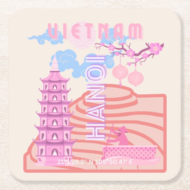 Porta-copo De Papel Quadrado Vietnã, Viagem Art, rosa (Frente)
