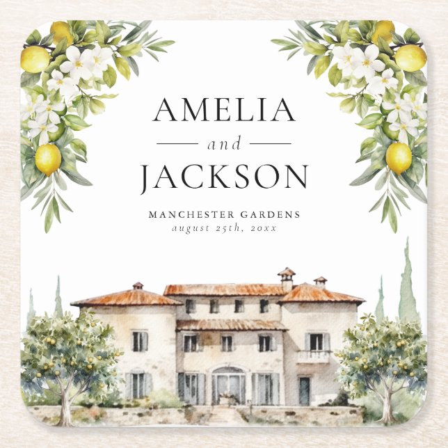 Porta-copo De Papel Quadrado Vilas Italianas Limões & Olivas (Frente)