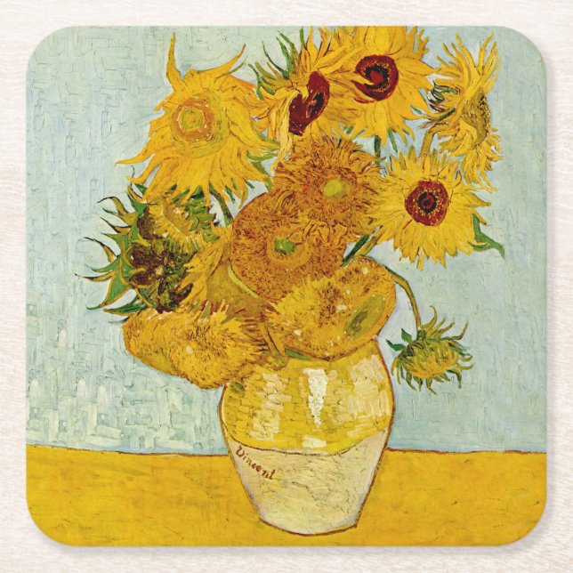 Porta-copo De Papel Quadrado Vincent Van Gogh 12 Sunflower Impressionista (Frente)