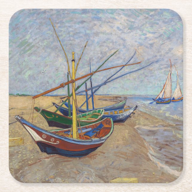 Porta-copo De Papel Quadrado Vincent van Gogh - Barcos de Pesca na Praia (Frente)