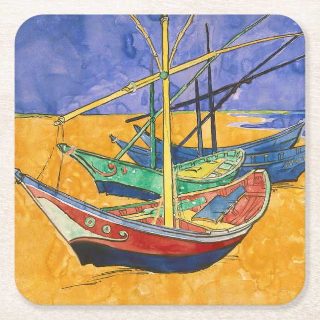Porta-copo De Papel Quadrado Vincent van Gogh - Barcos de Pesca na Praia (Frente)
