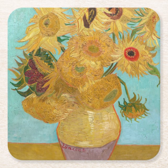 Porta-copo De Papel Quadrado Vincent Van Gogh - Vase com Doze Girassóis (Frente)