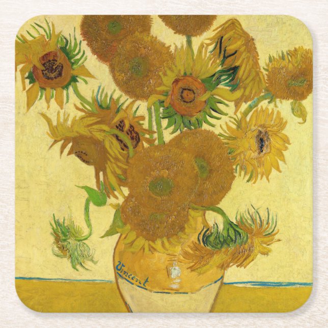Porta-copo De Papel Quadrado Vincent van Gogh - Vase com Quinze Girassóis (Frente)