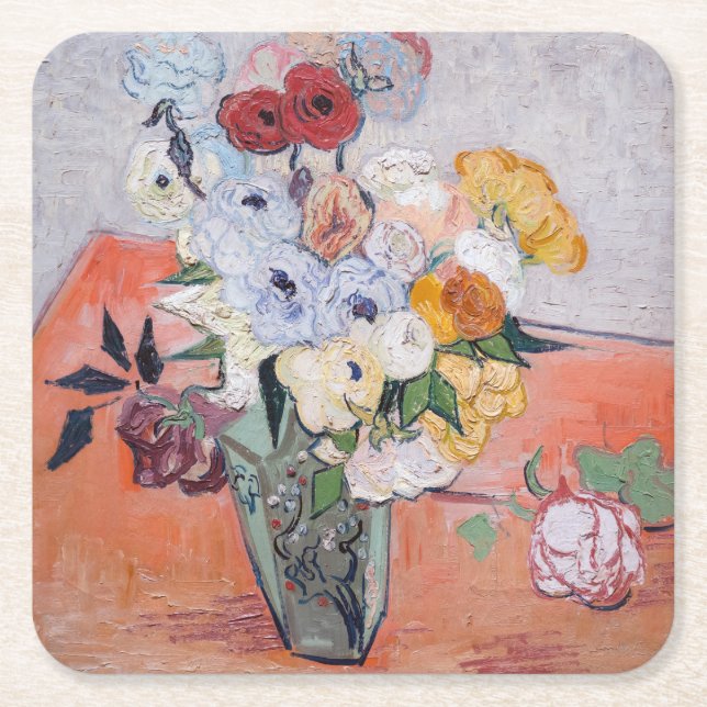 Porta-copo De Papel Quadrado Vincent van Gogh - Vase com Rosas e Anêmonas (Frente)