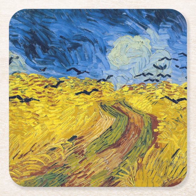 Porta-copo De Papel Quadrado Vincent van Gogh - Wheatfield com Crows (Frente)