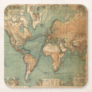 Porta-copo De Papel Quadrado Vintage Antigo Antiquado Mapa Mundial de Litógrafo