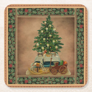 Porta-copo De Papel Quadrado Vintage Antique Merry Christmas Tree dá verde