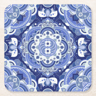 Porta-copo De Papel Quadrado Vintage azul geométrico, ornamento indiano.