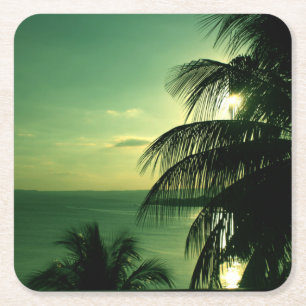 Porta-copo De Papel Quadrado Vintage Beach Sunset Green Blue Sky Palm Negro