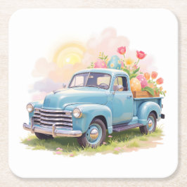 Porta-copo De Papel Quadrado Vintage Blue Truck with Easter Eggs & Tulips