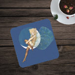 Porta-copo De Papel Quadrado Vintage Bonito Fada Azul Meias Azuis Lua Azul<br><div class="desc">Esta imagem vintage é uma fada loira bonito com asas azuis transparentes que fluem. Ela está sentada em uma lua crescente branca vestindo meias. Veja minha loja Art by MAR para combinar produtos com este design.</div>