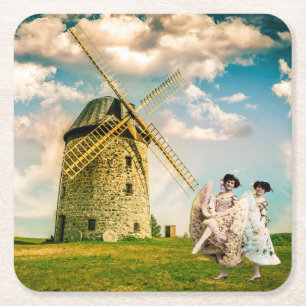 Porta-copo De Papel Quadrado Vintage Dancing Flower Girls and Windmill