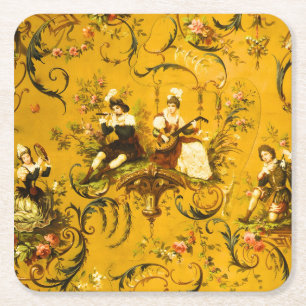 Porta-copo De Papel Quadrado Vintage Floral Vitoriano Amarelo-Amarelo-Dourado f