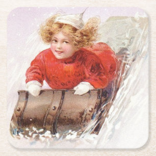Porta-copo De Papel Quadrado Vintage Girl on Toboggan Christmas