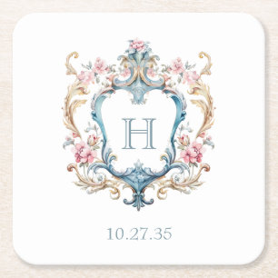Porta-copo De Papel Quadrado Vintage Monogrammed Floral Crest Casamento