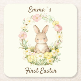 Porta-copo De Papel Quadrado Vintage My First Easter Bunny Floral Wreath