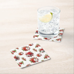 Porta-copo De Papel Quadrado Vintage Poinsettias E Holly Christmas White