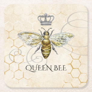 Porta-copo De Papel Quadrado Vintage Queen Bee Royal Crown Honeycomb Beige