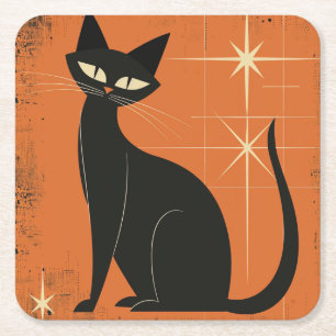 Porta-copo De Papel Quadrado Vintage Retro MCM Gato Preto Estrelas Laranja Pret