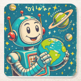 Porta-copo De Papel Quadrado Vintage Robot na Space Science Curiosity Discovery