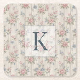 Porta-copo De Papel Quadrado Vintage Rústico Charme Desgastado Floral em Madeir