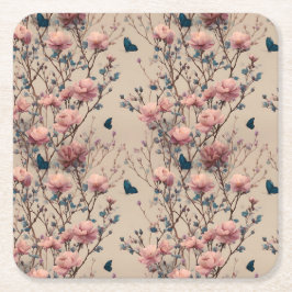 Porta-copo De Papel Quadrado Vintage Spring Roses with Blue Butterflies