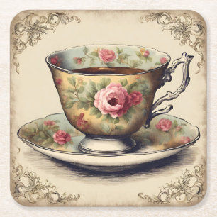 Porta-copo De Papel Quadrado Vintage TeaCup - Chá de panela Floral Partido Tea