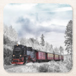 Porta-copo De Papel Quadrado Vintage Train Winter Christmas Cena<br><div class="desc">Portas copos de papel com uma fotografia de uma paisagem de inverno nevada com pinheiros cobertos de neve. Um trem vermelho,  dourado e preto à moda antiga,  viajando pela natureza selvagem. Conjuga os pensamentos de voltar para casa no Natal.</div>