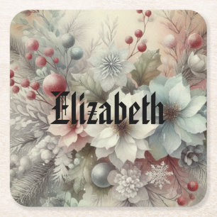 Porta-copo De Papel Quadrado Vintage Watercolor Christmas Floral and Ornaments