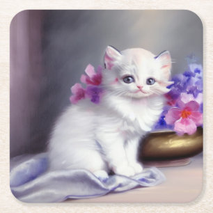 Porta-copo De Papel Quadrado Vintage White Kitten com Flores Rosa e Púrpura
