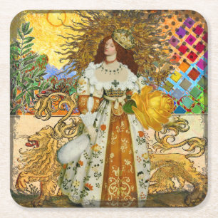 Porta-copo De Papel Quadrado Vintage Woman Ouro Sun: Leo Zodiac Collage Art