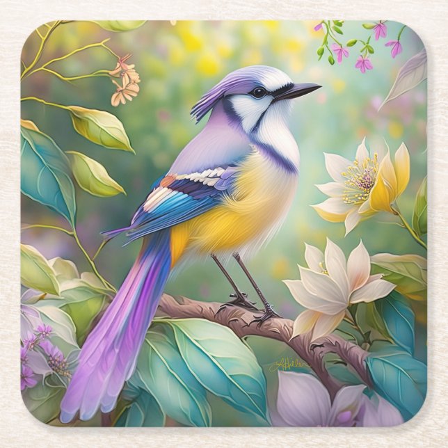 Porta-copo De Papel Quadrado Violet Tufted Jay Fantasy Bird (Frente)