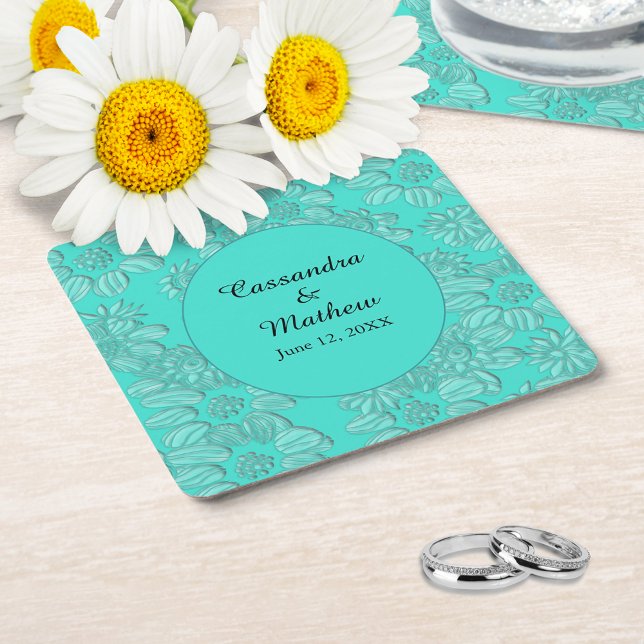 Porta-copo De Papel Quadrado Visitas Elegantes no Casamento Floral Turquesa (Elegant Daisies in Floral Turquoise Wedding Square Paper Coaster)