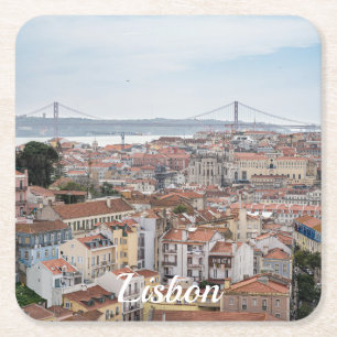 Porta-copo De Papel Quadrado Vista da antiga cidade de Lisboa e 25 da ponte de 