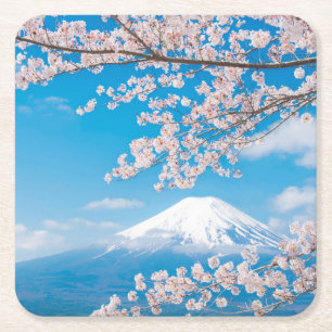 Porta-copo De Papel Quadrado Vista de Monte Fuji com flores de cerejeira