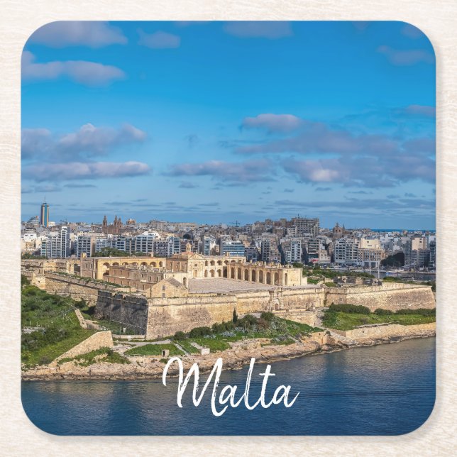 Porta-copo De Papel Quadrado Vista panorâmica de Sliema em Malta (Frente)