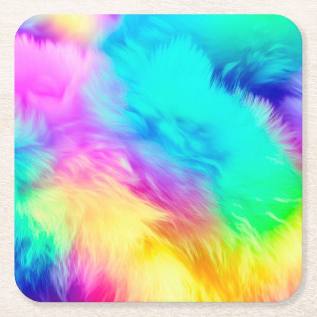 Porta-copo De Papel Quadrado Vivid Rainbow Fluffy Fur Texture-75201 (Frente)
