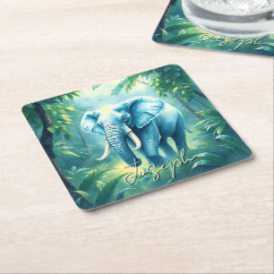 Porta-copo De Papel Quadrado Watercolor Green Deixa Nome do Elefante Selvagem