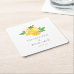 Porta-copo De Papel Quadrado Watercolor Lemon Citrus Summer Wedding<br><div class="desc">This paper coaster features a bright watercolor lemon illustration with green leaves and the couple's names and date in clean spaced lettering on a crisp white background — fresh, cheerful, and perfect as a table detail for a summer wedding reception, engagement party, rehearsal dinner, or anniversary celebration. Fully customizable with...</div>