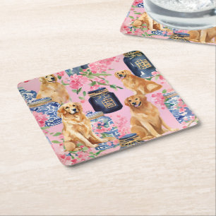 Porta-copo De Papel Quadrado Watercolor Palm Beach Ouro Retrivers Ginger Jar