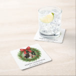 Porta-copo De Papel Quadrado Watercolor Wreath Foto Moderna Natal<br><div class="desc">Portas copos modernas de papel de Natal com um design simples e mínimo com seu dentro de foto favorito de uma coroa aquática junto com a saudação editável "Feliz Natal" e seu nome de família.</div>