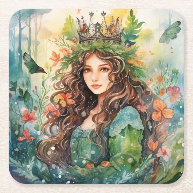 Porta-copo De Papel Quadrado Watercolour Forest Princess (Frente)
